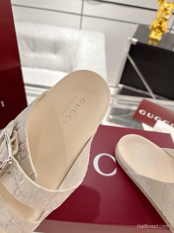 2025 Women Gucci White Leather Slippers Double G Embossed AS00240