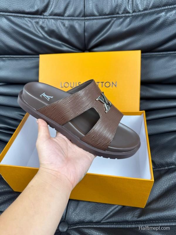 2025 Men Louis Vuitton Brown Leather Slippers AS00170