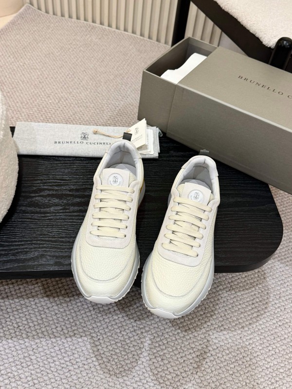 2025 Men Brunello Cucinelli Black Ivory Blue Almond Calfskin Leather Sneakers AS00320