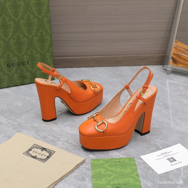 2025 Women Gucci Orange Leather Platform High Heels KFY00320