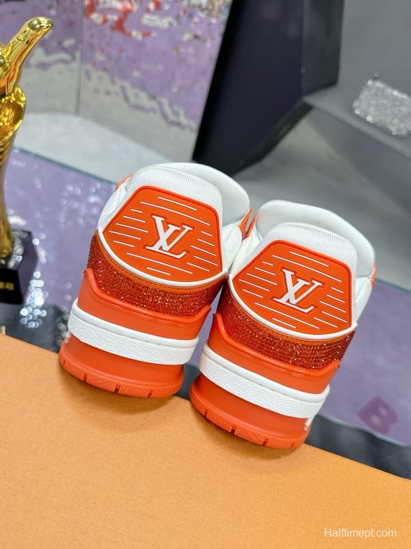 2025 Unisex Louis Vuitton Orange White Leather Plimsolls Handcrafted Rhinestones AS00400