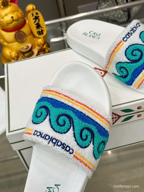 2025 Men CASA BLANCA Blue White Embroidered Slippers KFY00160