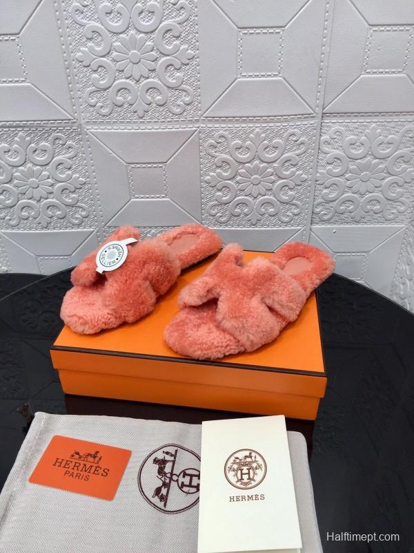 H Teddy Wool H Slippers Flat Sole Winter Home Shoes - LY00240
