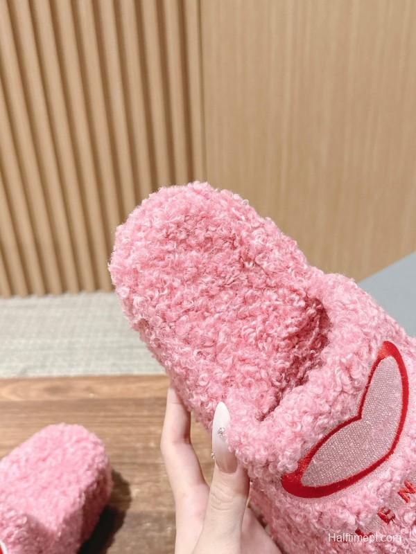 Balenciaga 2025 SS Qixi Limited Series Letter Embroidery Platform Shearling Slippers - AS00200