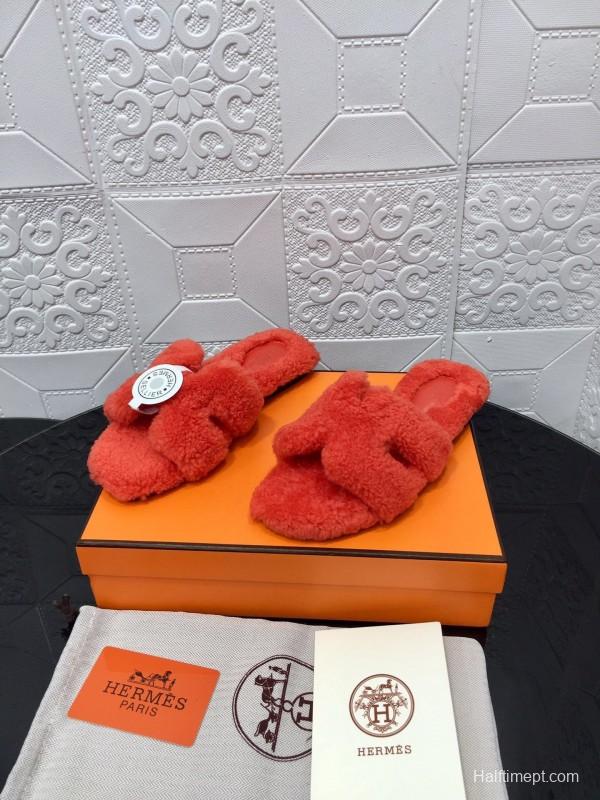 H Teddy Wool H Slippers Flat Sole Fur Slides - LY00240