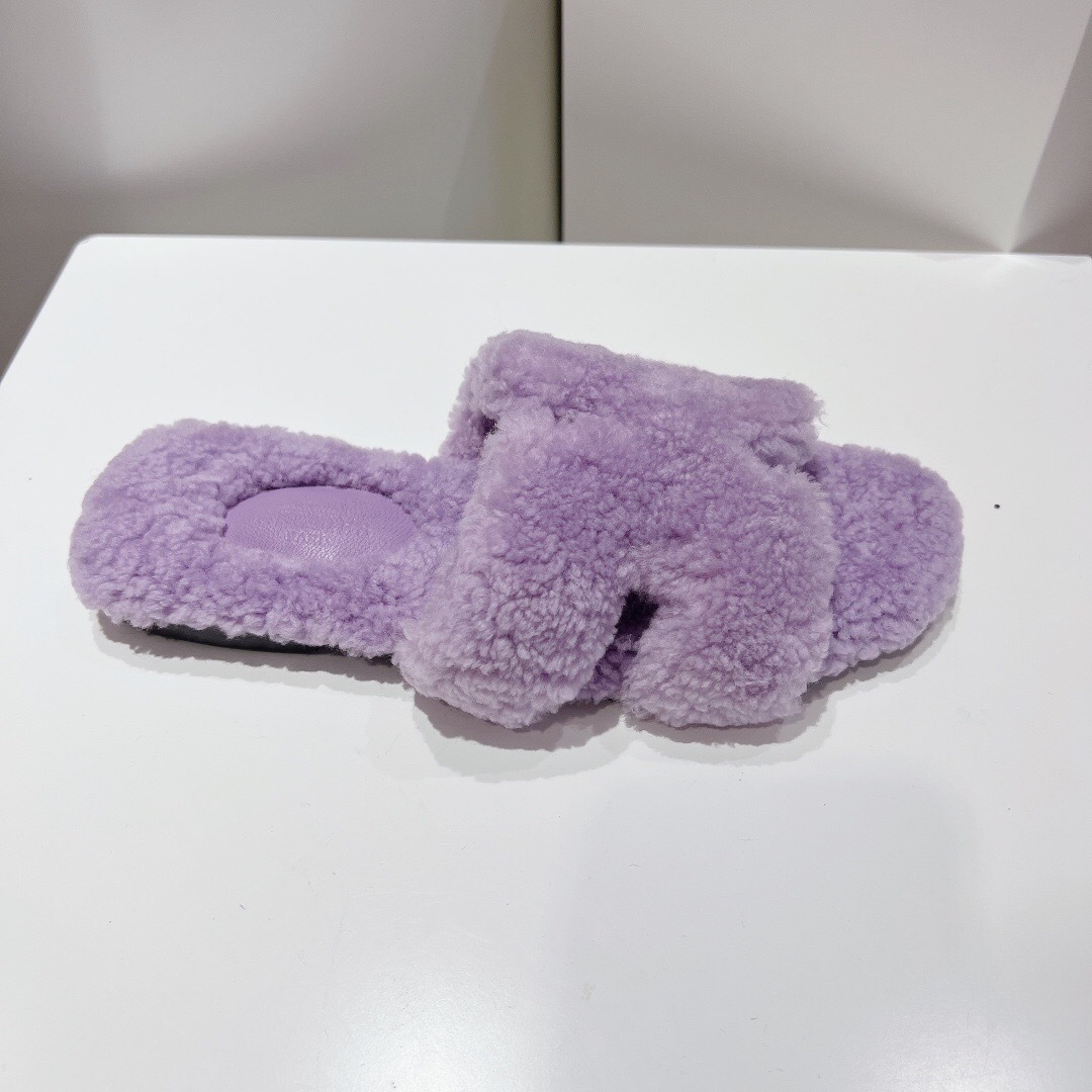 Hermès 2025 SS Teddy Wool H Slippers Flat Fur Slippers - LY00240