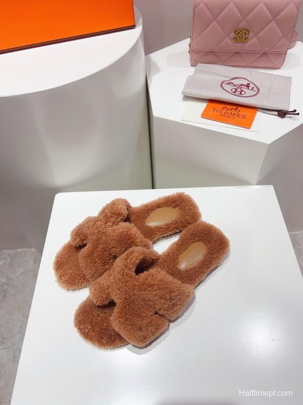 H Teddy Wool H Slippers Flat Sole Fur Slides - LY00240