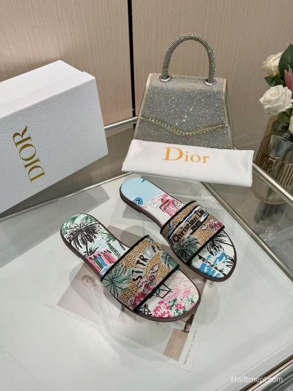 Dior 2025 SS CD Embroidered Monogram Slippers with Sheepskin Lining - LY00200