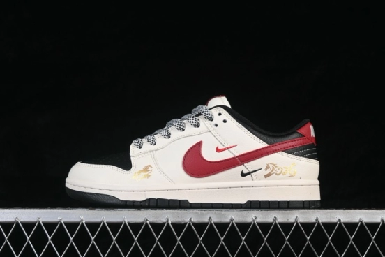 Nike SB Dunk Low Year of the Horse White Black Red Three Swooshes Premium Custom Low Top Skateboarding Shoes - MY9969-905