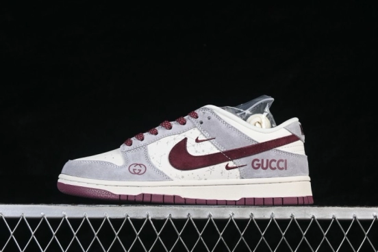 Nike SB Dunk Low Gucci Collaboration Grey White Wine Red Custom Low-Top Skateboarding Shoes - DN3168-012