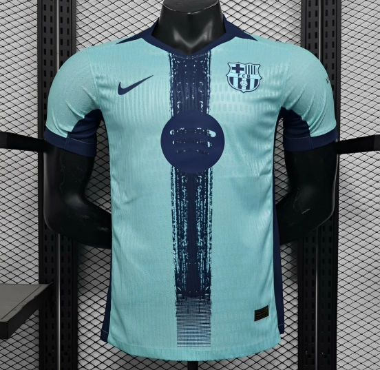 Player Version 25/26 Barcelona Blue 125Th Anniversary Mint Green Jersey with Navy Blue Stripe and Spotify Sponsor