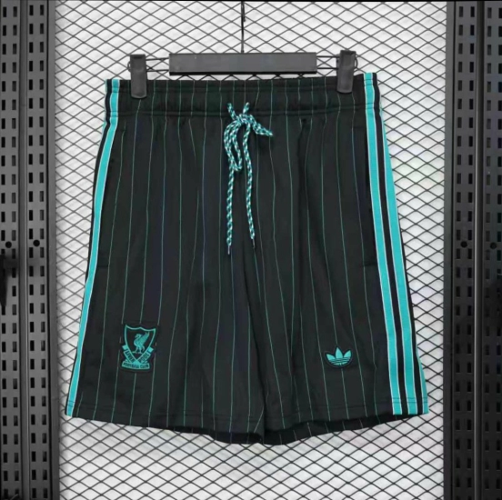 25/26 Liverpool Adidas Original Black with Teal Pinstripes Shorts