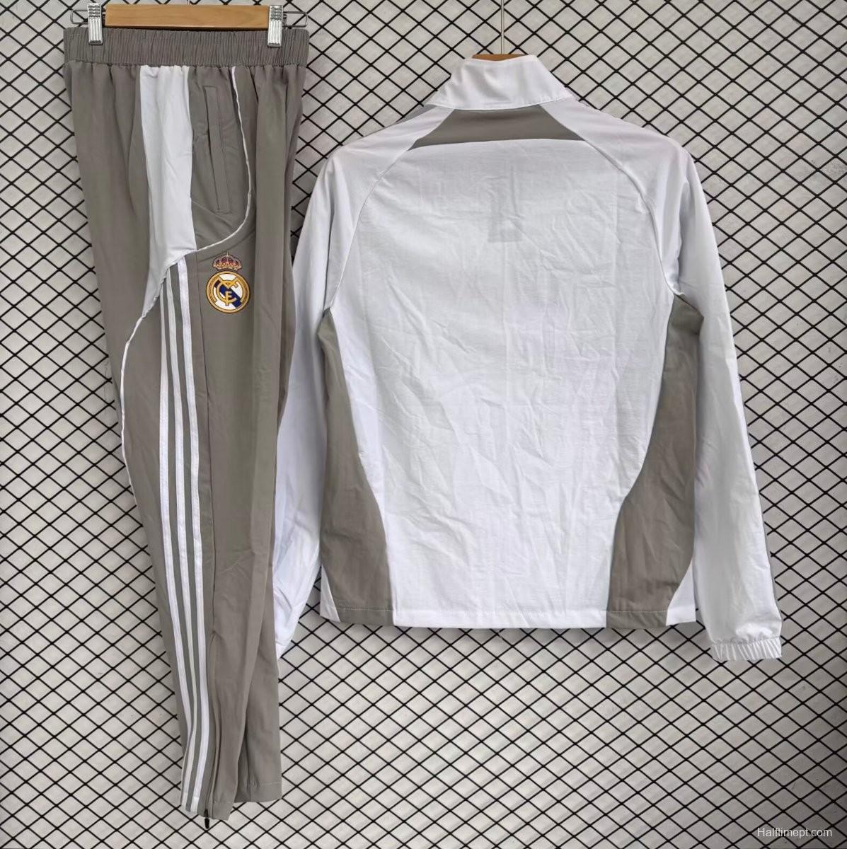 25/26 Real Madrid White with Grey Full zipper Jacket Tracksuit+ long pants