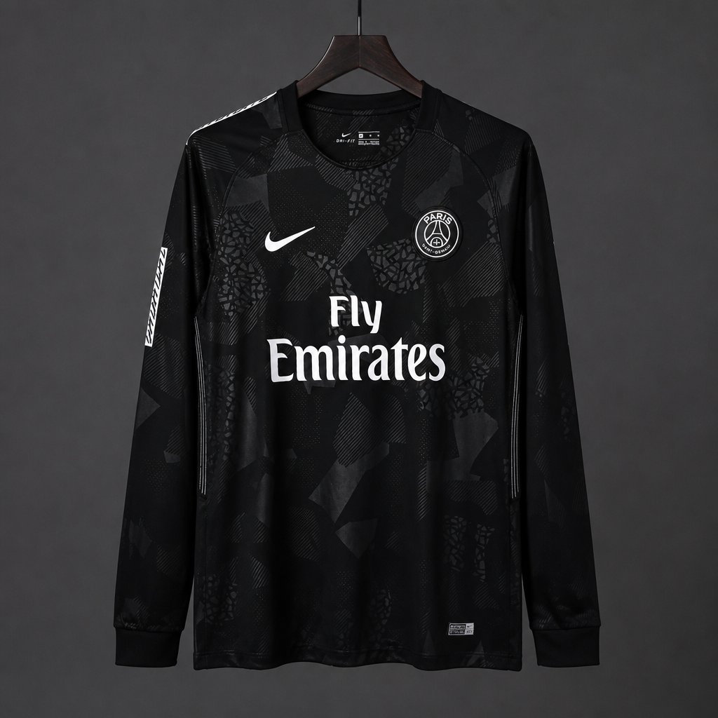 Retro 17/18 PSG/Paris Saint-Germain Black with Geometric Camo Pattern Third Long Sleeve Jersey