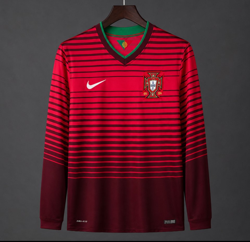 Retro 2014 Portugal Home Red with Dark  Stripes Long Sleeve Jersey